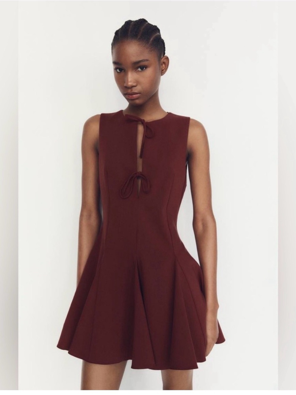 Zara S Burgundy Bow Front Godet Short Dress NWT Y2K Preppy